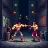 Pixel-art fighter brawling with enemies in a dark city alley in a retro action game