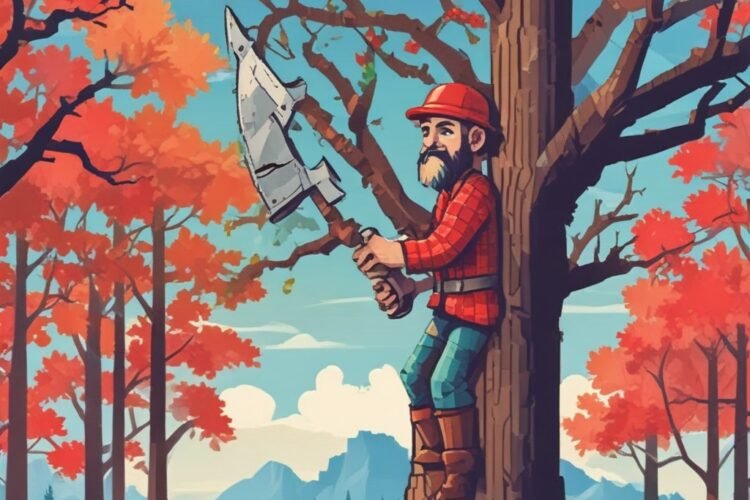 Pixel lumberjack chopping a tall tree while avoiding branches in an arcade forest game