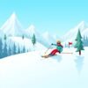 Arcade skiing game scene with skier racing down snowy mountain while avoiding obstacles