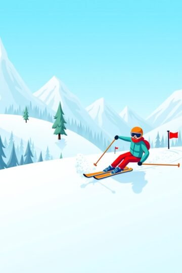 Arcade skiing game scene with skier racing down snowy mountain while avoiding obstacles