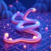 A glowing 3D snake moving through a neon grid while eating orbs in a futuristic arcade game
