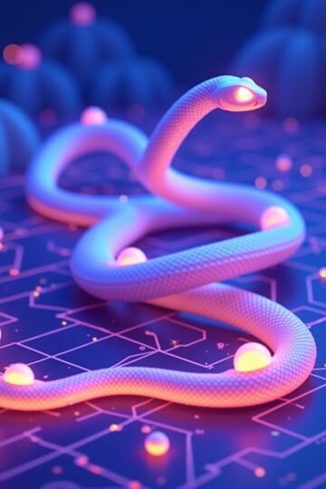 A glowing 3D snake moving through a neon grid while eating orbs in a futuristic arcade game