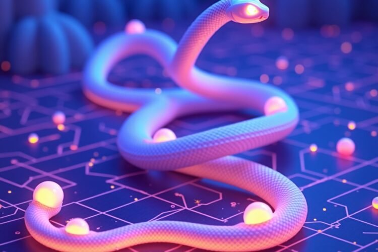 A glowing 3D snake moving through a neon grid while eating orbs in a futuristic arcade game