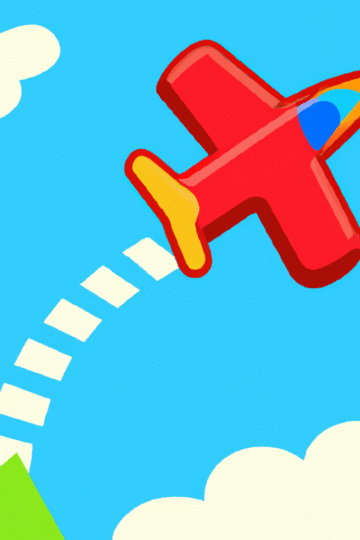 Cartoon-style airplane flying on a zigzag path through the sky in a fast-paced arcade game