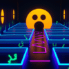 First-person view inside a glowing 3D maze with Pac-Man elements like pellets and chasing ghosts