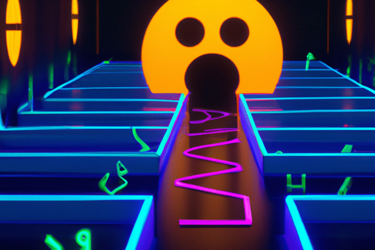 First-person view inside a glowing 3D maze with Pac-Man elements like pellets and chasing ghosts