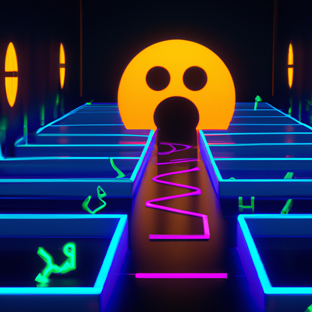 First-person view inside a glowing 3D maze with Pac-Man elements like pellets and chasing ghosts