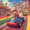 Cartoon racing character in a red hat driving a kart on a colorful track with obstacles