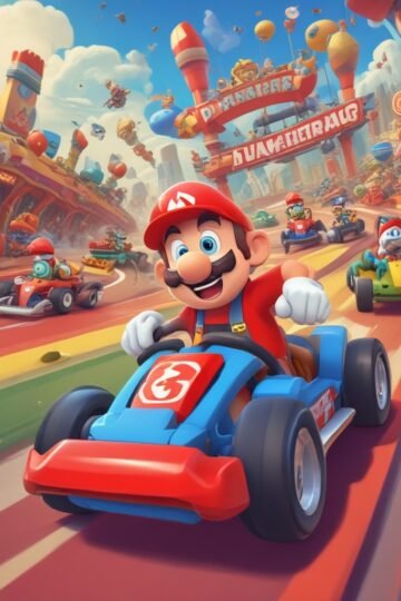 Cartoon racing character in a red hat driving a kart on a colorful track with obstacles