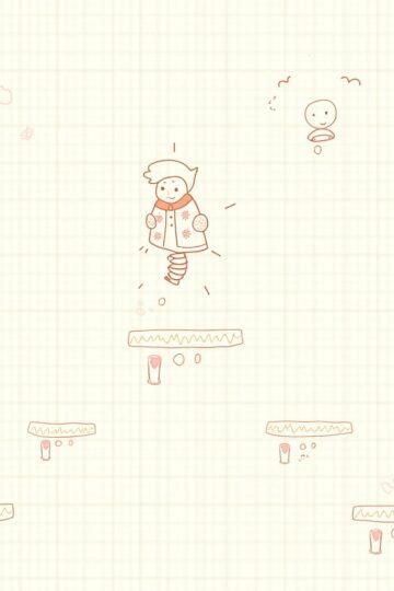 Sketch-style character jumping between platforms on graph paper background in an endless arcade game