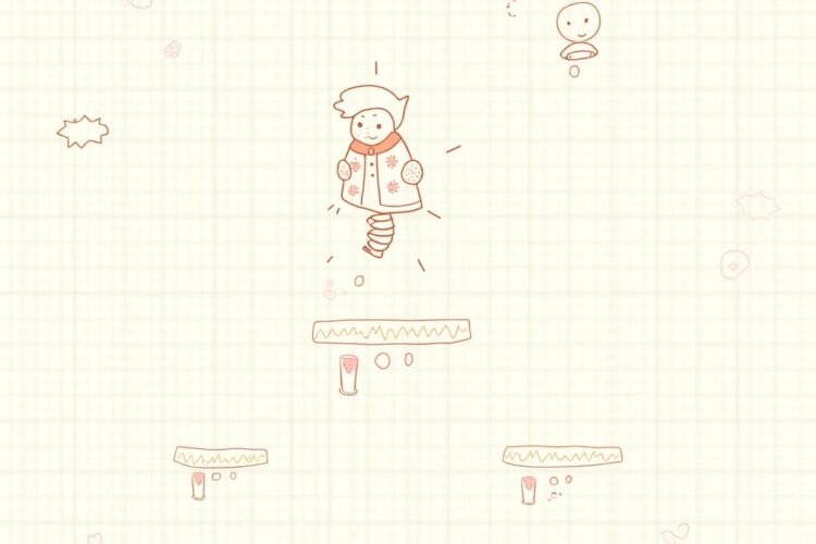 Sketch-style character jumping between platforms on graph paper background in an endless arcade game