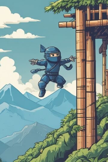 Pixel ninja jumping between walls in a bright arcade platform game with traps