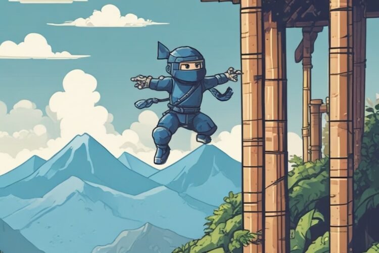 Pixel ninja jumping between walls in a bright arcade platform game with traps