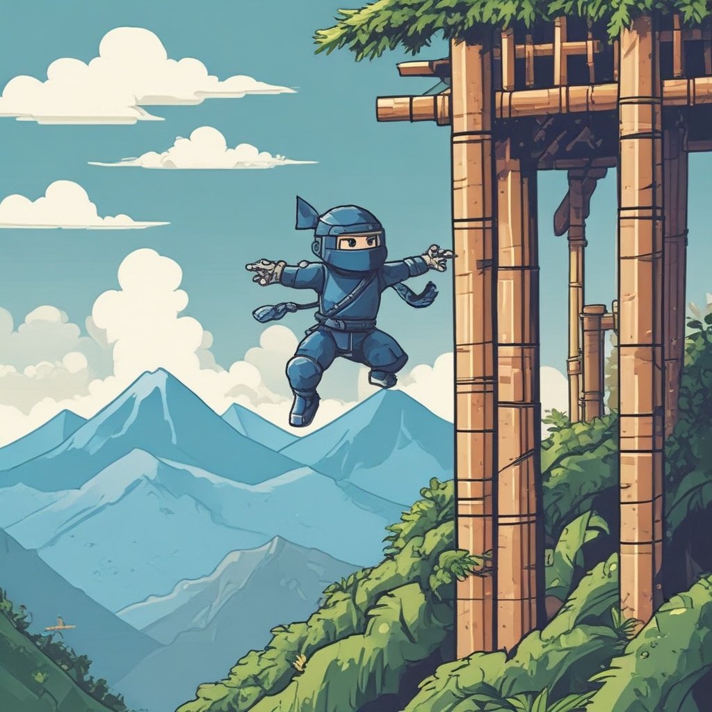 Pixel ninja jumping between walls in a bright arcade platform game with traps