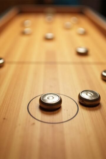Top-down view of a digital table shuffleboard game with metal pucks sliding toward scoring zones