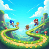 Colorful retro-style platform game featuring Sonic and Mario characters jumping across levels with coins and mushrooms