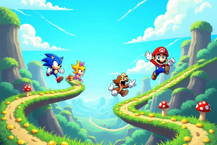 Colorful retro-style platform game featuring Sonic and Mario characters jumping across levels with coins and mushrooms