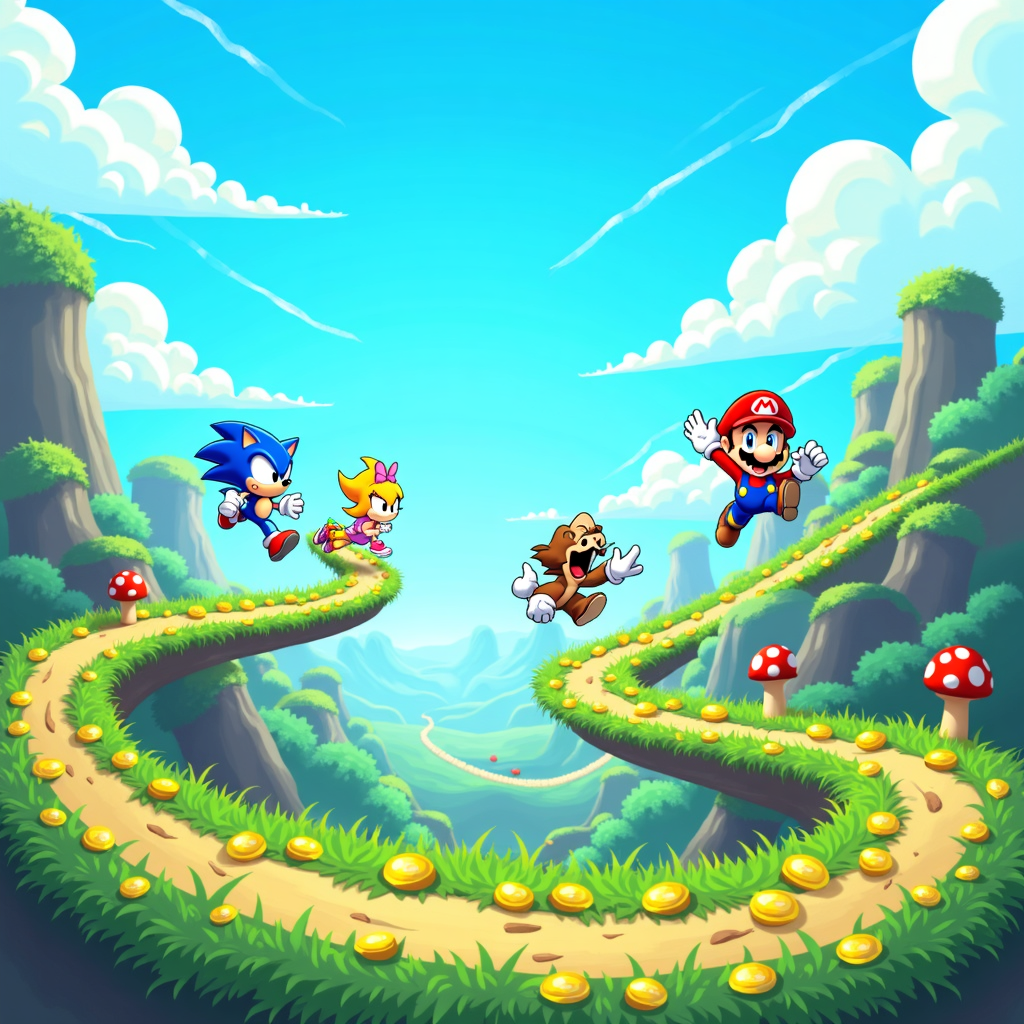 Colorful retro-style platform game featuring Sonic and Mario characters jumping across levels with coins and mushrooms