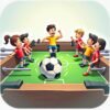 Cartoon-style arcade table soccer game showing foosball players on rods with ball in motion