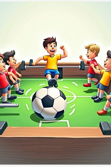 Cartoon-style arcade table soccer game showing foosball players on rods with ball in motion