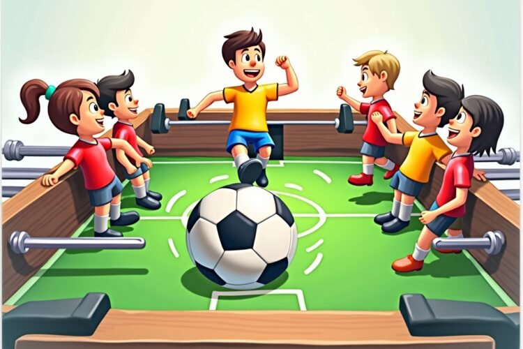 Cartoon-style arcade table soccer game showing foosball players on rods with ball in motion