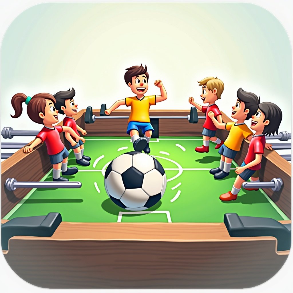 Cartoon-style arcade table soccer game showing foosball players on rods with ball in motion