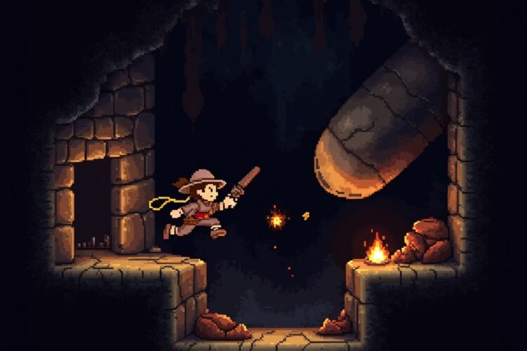 Pixel-art adventurer running through a jungle temple filled with traps, boulders, and stone walls