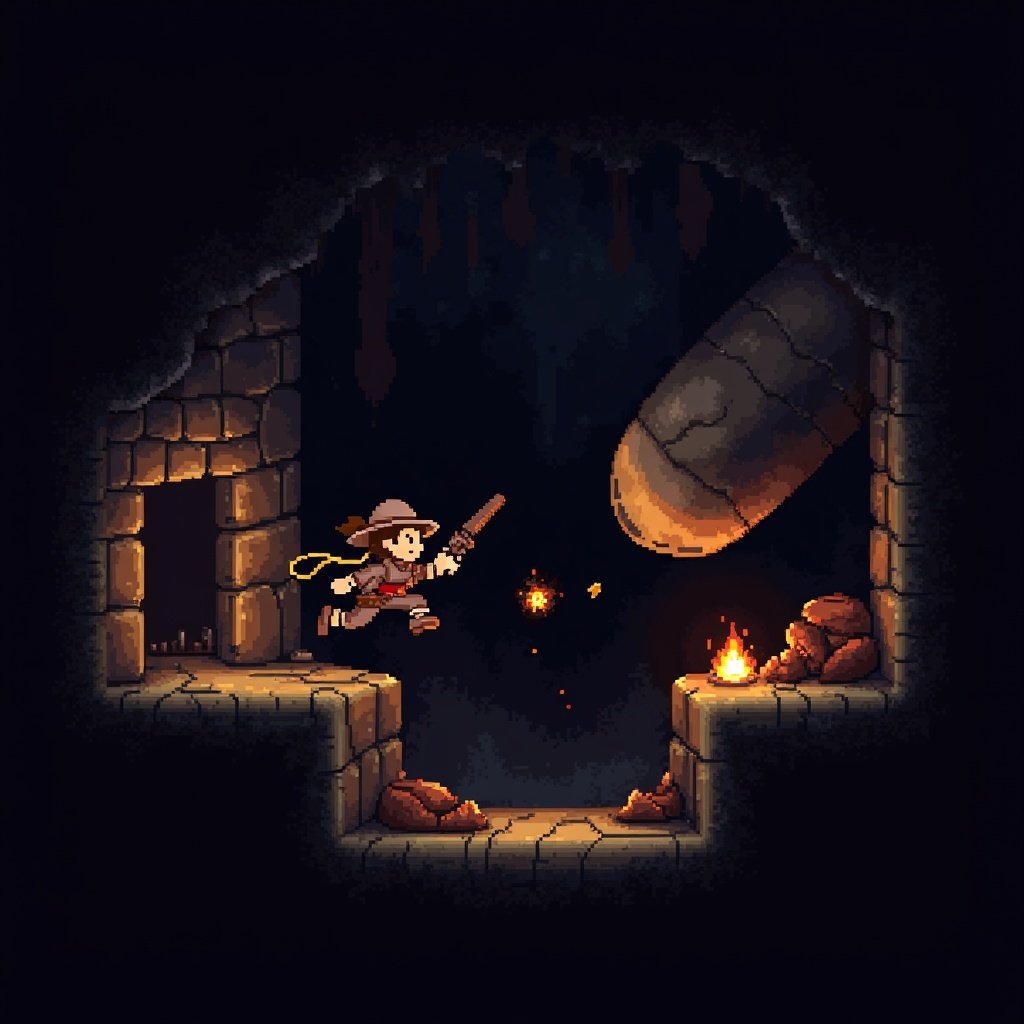 Pixel-art adventurer running through a jungle temple filled with traps, boulders, and stone walls