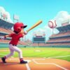 Arcade baseball game with cartoon player swinging bat at flying ball in colorful stadium