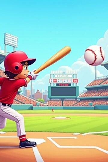 Arcade baseball game with cartoon player swinging bat at flying ball in colorful stadium