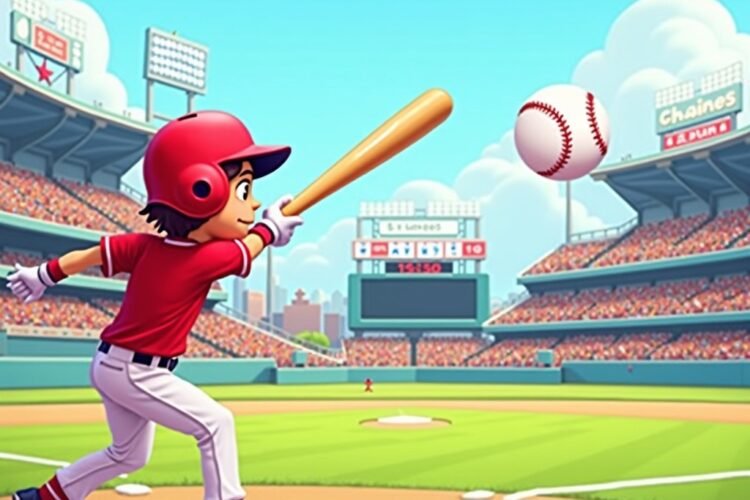 Arcade baseball game with cartoon player swinging bat at flying ball in colorful stadium