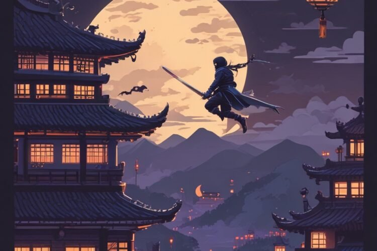 Pixel ninja jumping across rooftops at night with a katana in an action stealth game